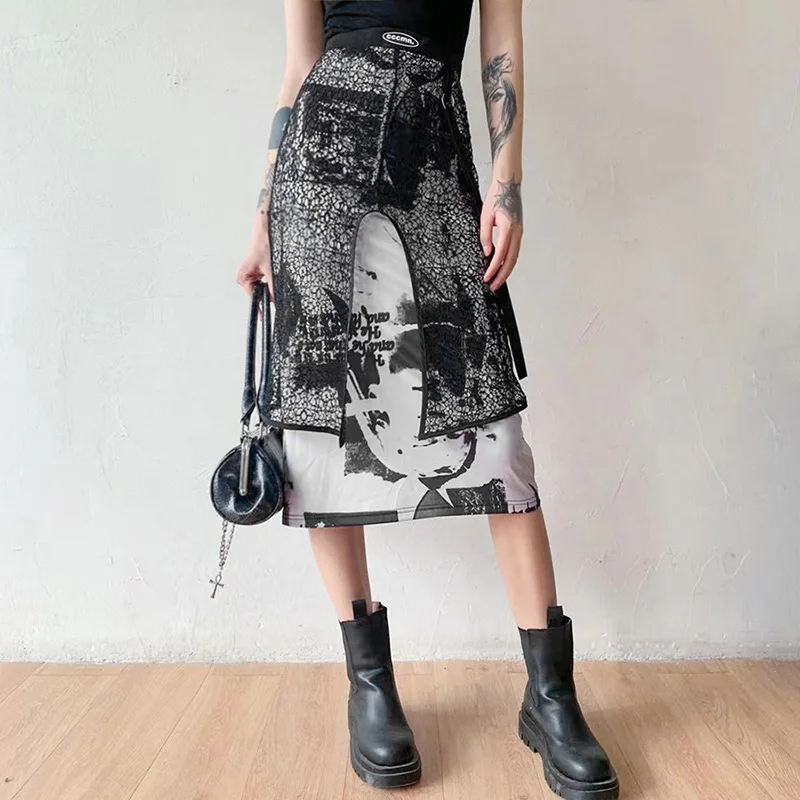 

Women's skirts 2021 new women's fashion solid color lace stitching printing high waist skirt women