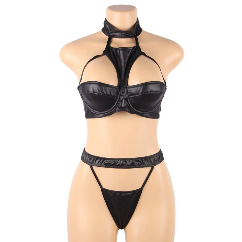 Черная искусственная кожа сексуальное женское белье набор для женщин Большие