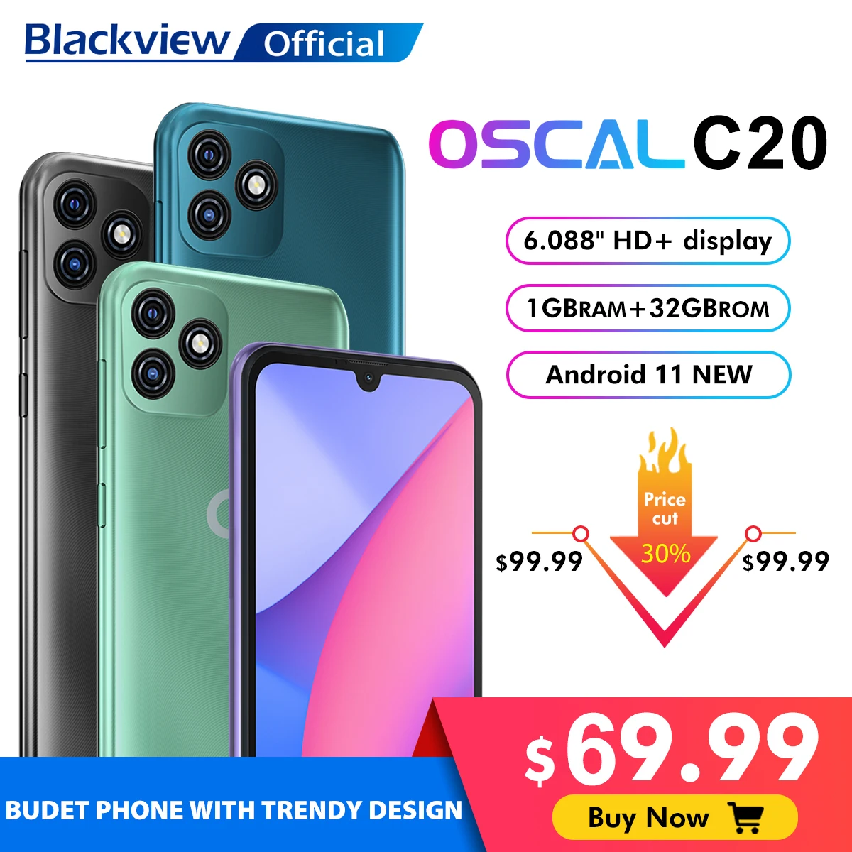 BLACKVIEW OSCAL C20 Smartphone 1GB+32GB 6.088 Cellphone 3380mAh Dual Camera Android 11 3G Mobile Phone Face Unlock Celular