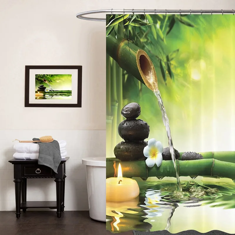 

Zen Shower Curtain Home Decor 3D Bath Curtains With Hooks Green Bamboos Bathroom Zen Garden Buddha Curtain for Bathroom Or Mat