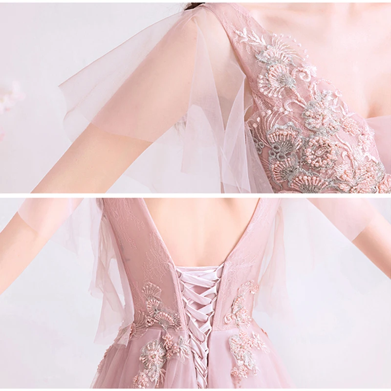 2021 Новый Праздничное платье с низким вырезом на спине розовое кружевное v