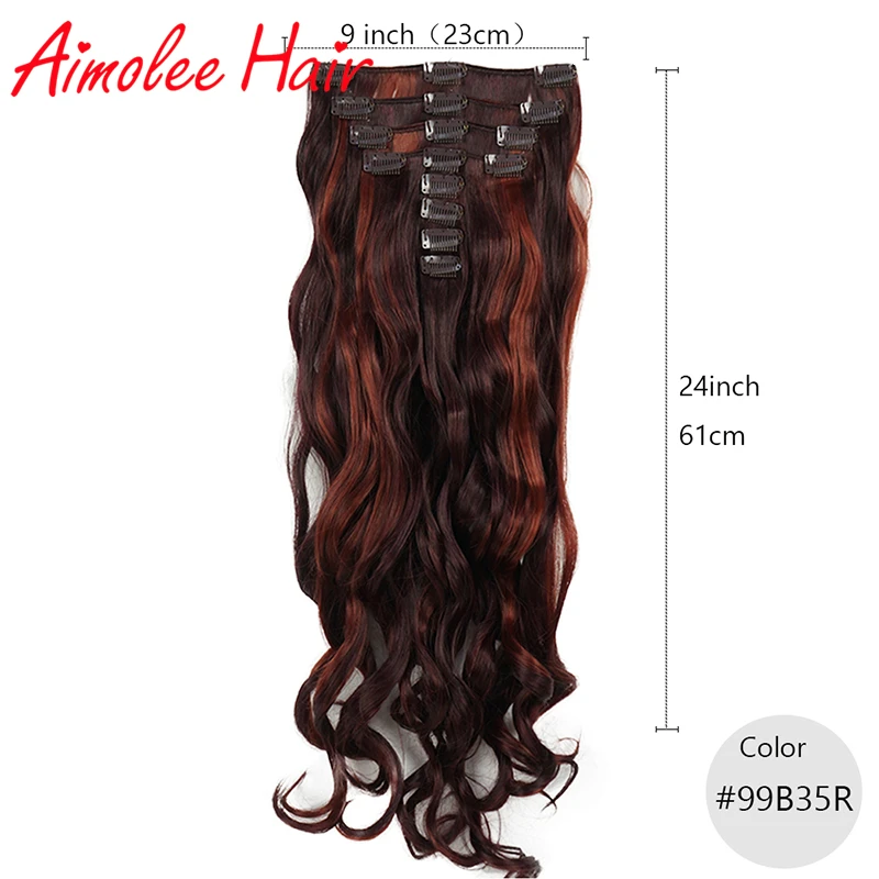 24inch 8pcs/set Natural Long Wavy Copper Red Auburn Synthetic Hairpiece Clip In Hair Extensions 16 Clip High Temperature Fiber
