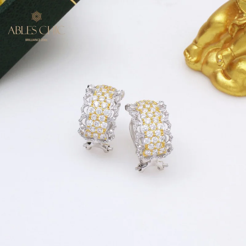 18K Gold Tone 925 Silver Micro Paved CZ Hoop Earrings Renaissance Vintage Lace Wide Clip-on Wedding Women Earring C11E4S25391