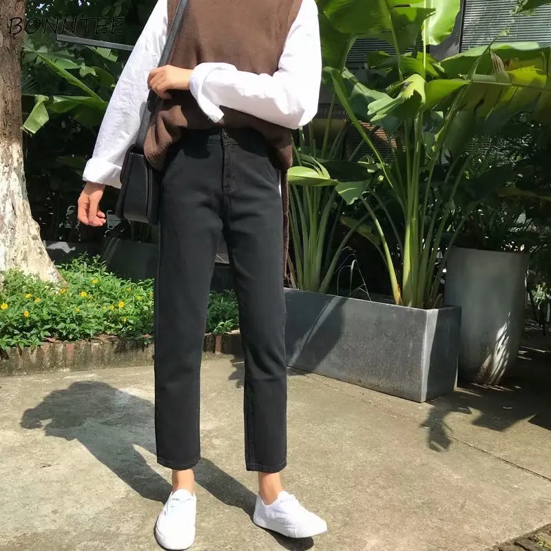 Женские черные джинсы с высокой талией однотонные универсальные уличные женские