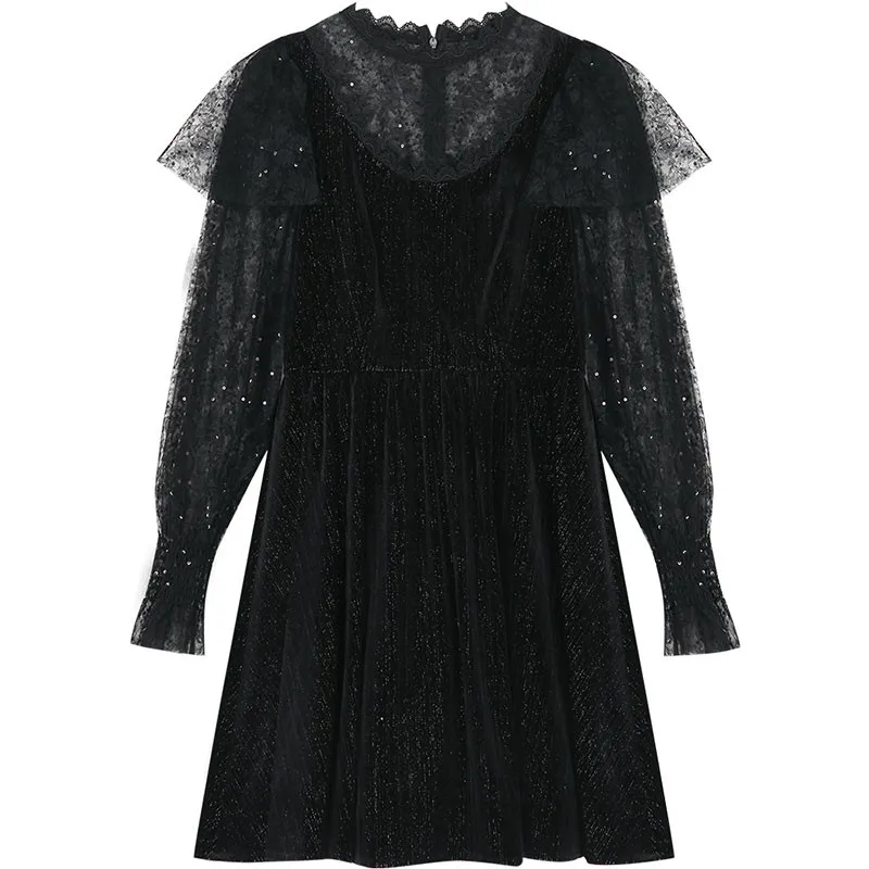 

Transparent Elegant Pastel Sexy Vacation Vestido Festa Trendy Dress Women Splicing Lace Velvet Robe Pull Black Party Dress