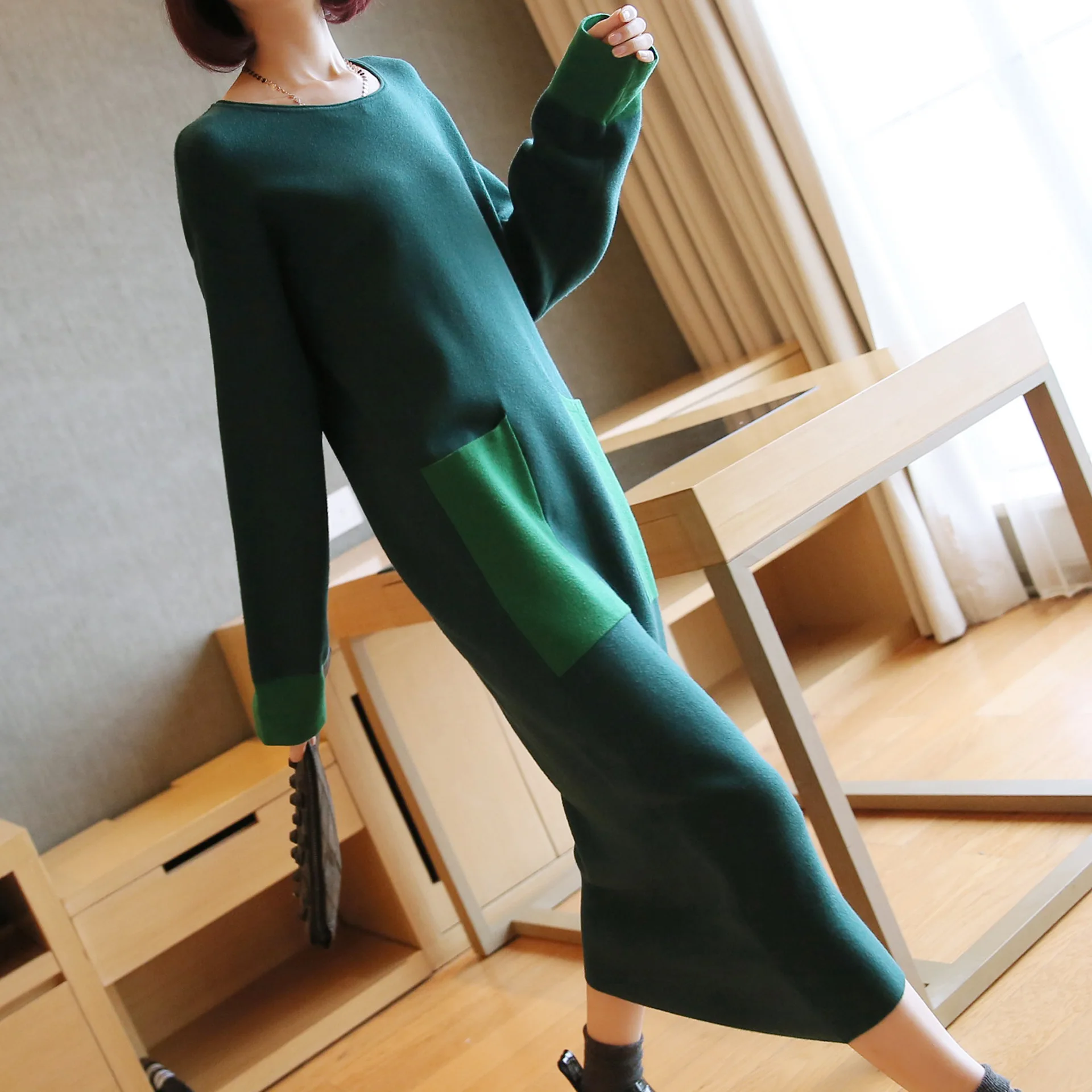 

2019 new large size women long section of loose long-sleeved knit dress sweater dress