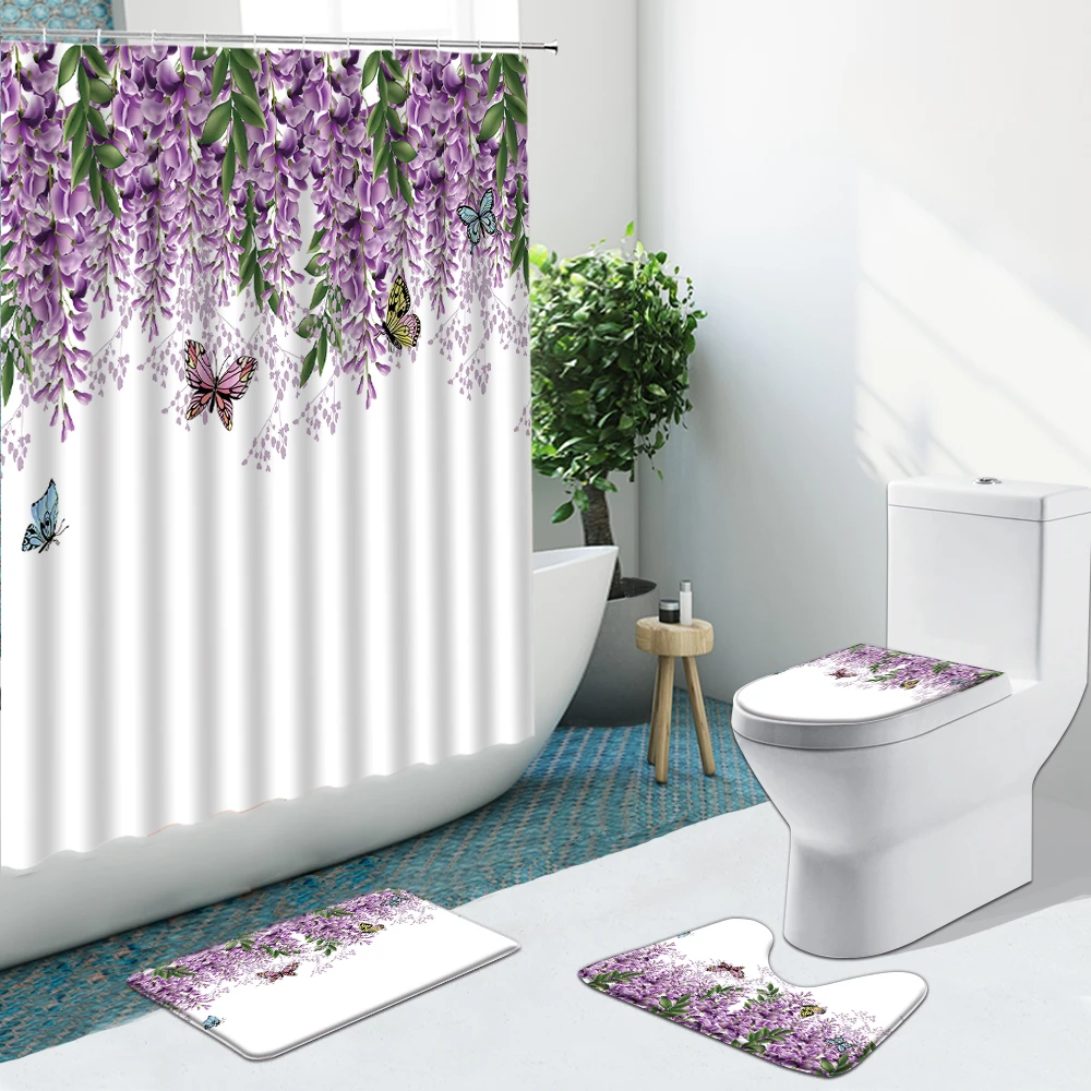 Занавески для душа с фиолетовыми цветами гиацинт зелеными листьями и птицами