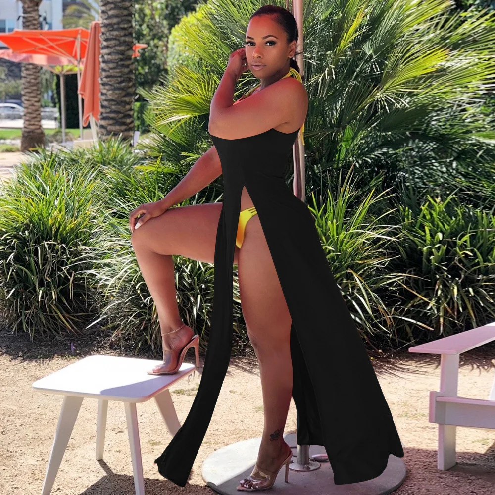 

Women Dress 2021 Summer New Fashion Women's Sexy Split Solid Color Dress Vestido Feminino O-Neck Tank Dresses Woman Donsignet
