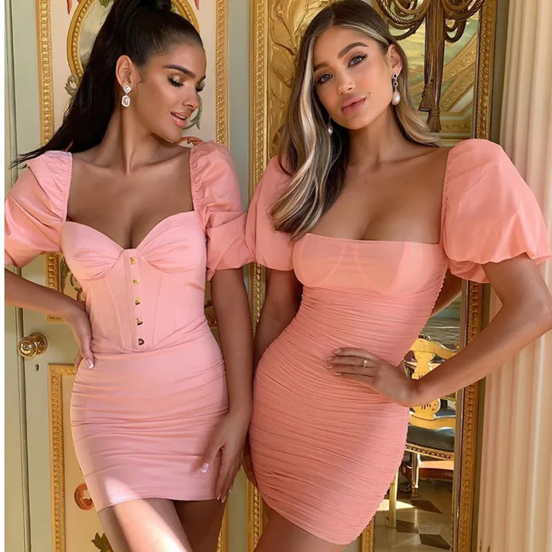 Сетчатое сексуальное платье Justchicc с коротким рукавом фонариком женское мини для