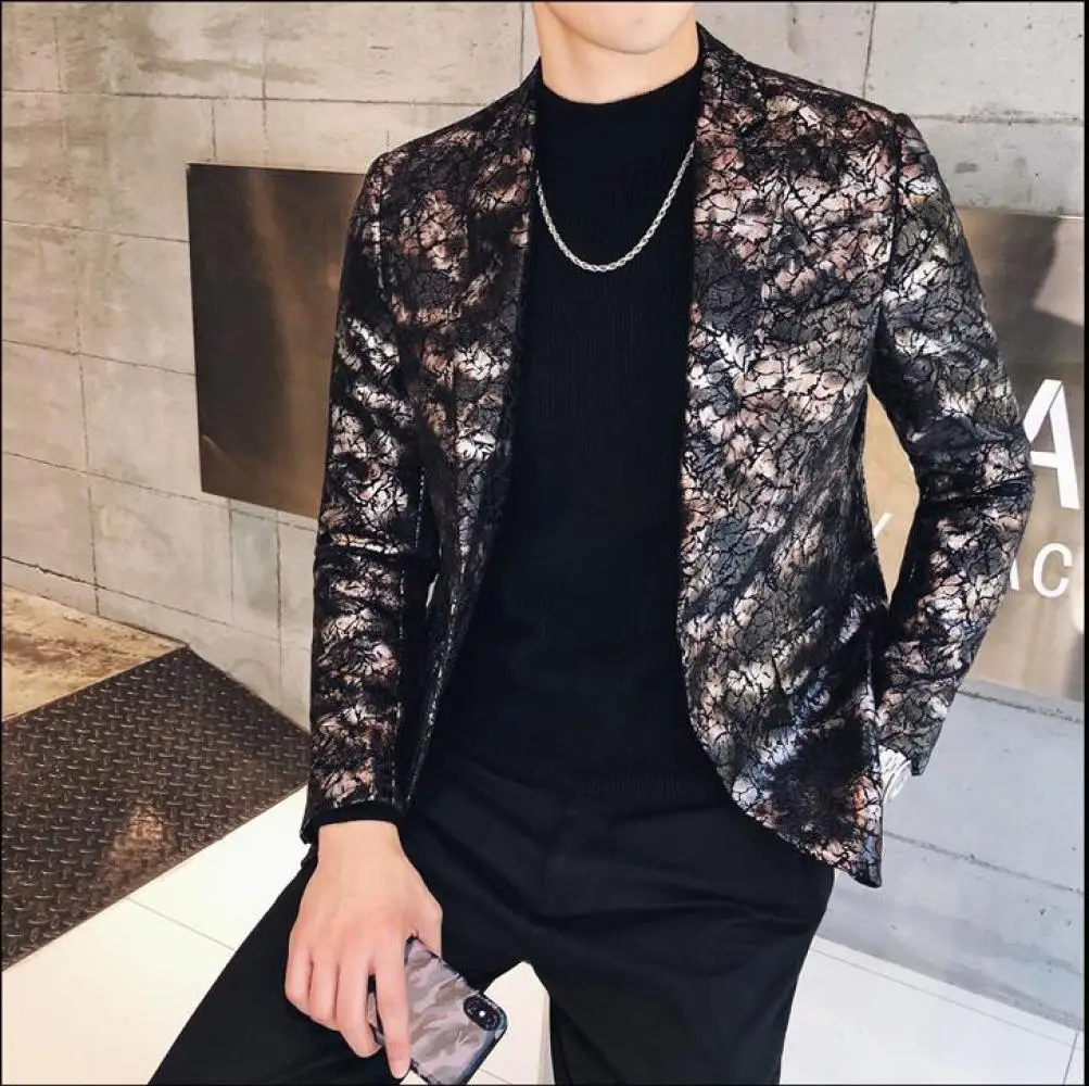 Autumn and Winter New British Style Mens Slim Suit Fashion Floral Print Blazer Stage Performance Suit Mens Casual Suit