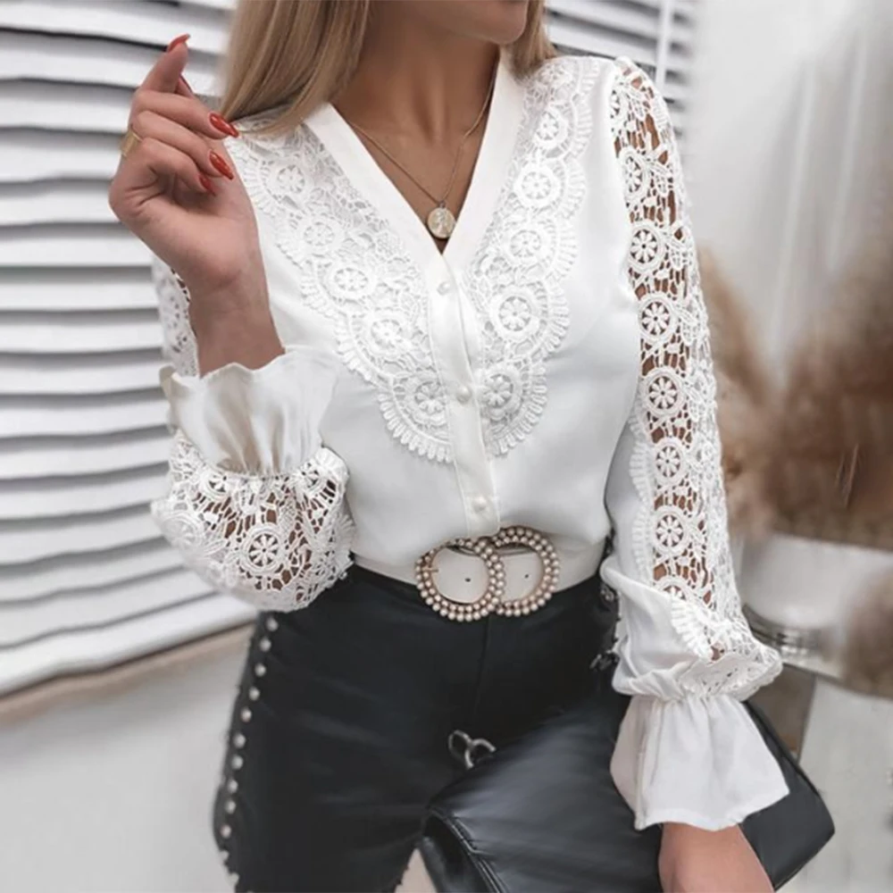 

Shirts Elegant Office Ladies White Collared Lace Patchwork Hollow Out Button Up Womens Tops And Blouses 2021 Fashion New Blouse
