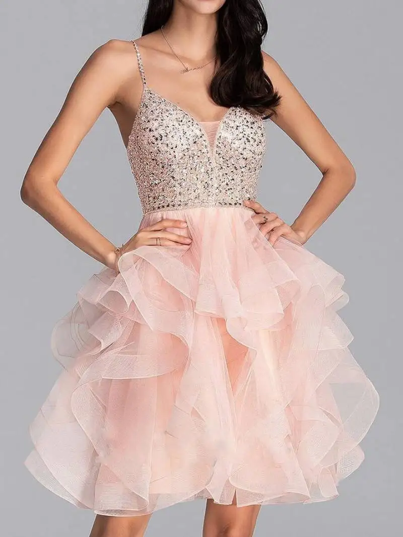 

2021 Pink V-Neck Lace Embroidery Dress A-Line Sleeveless Sexy Evening Gowns