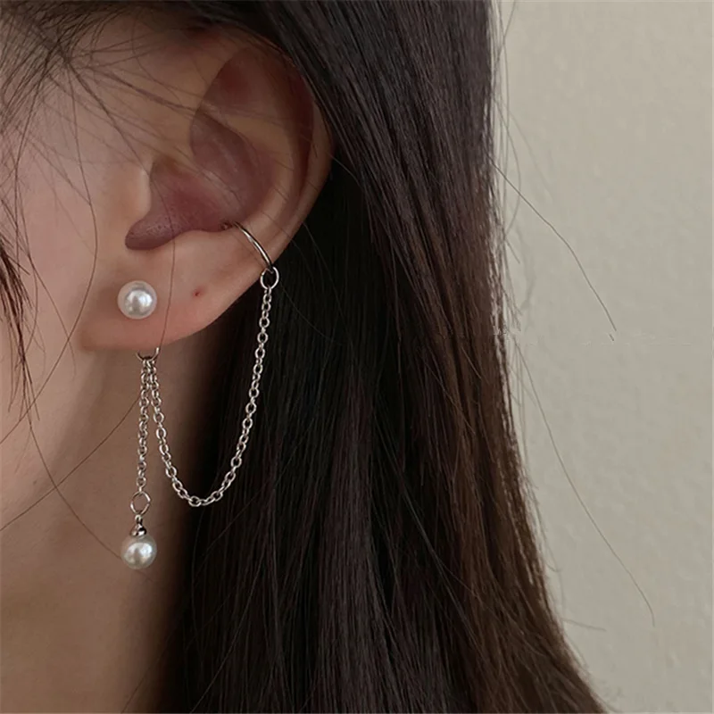 

S925 Silver Needle Personality Niche Ear Clip Cold Wind Chain Tassel Earring Pearl Integrated Light Luxury Jewelry Wholesale