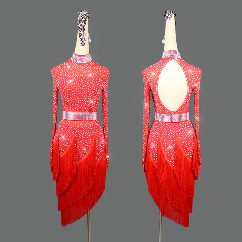 

Shiny Latin Dance Dress Women Red Performance Competition Costume Female Child Adult Professional Sexy High-end Fringed Skirt