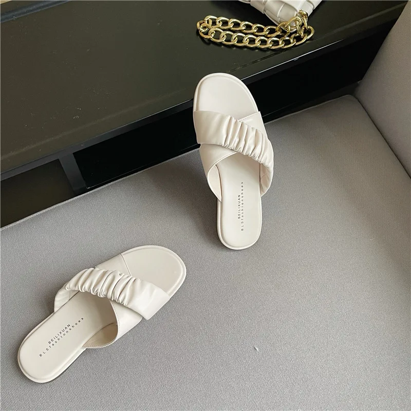 

Female Shoes Ladies' Slippers Low Luxury Slides Shallow 2021 Summer Designer Flat Rubber PU Scandals Hoof Heels Fabric Fashion