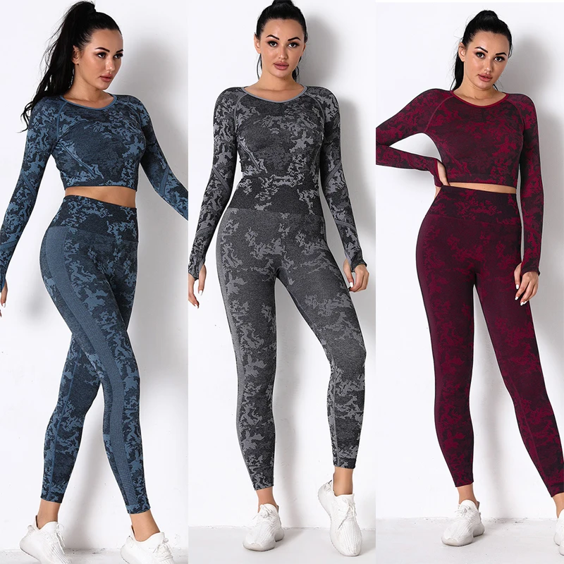 

Seamless Yoga Set Workout Women Fitness Long Sleeve Crop Top High Waist Leggings Camouflage Gym Clothing Yoga Sports Suits