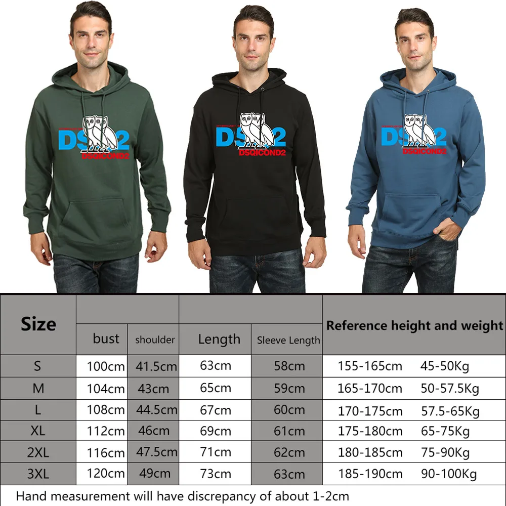 

dsq2 new winter style Men's Hoodie 100% cotton casual long sleeve Unisex hoody warm owl letter green Hoodie sweatshirt for men