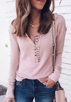 Autumn Commuter Temperament Pink Sweater Casual Womens Round Neck Button Slim Long Sleeve OL Ladies Casual Beauty Top