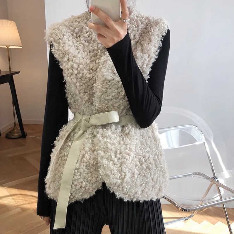 FOLOBE Осенний женский жилет из овечьей шерсти пальто милый с плюшевым мехом теплая