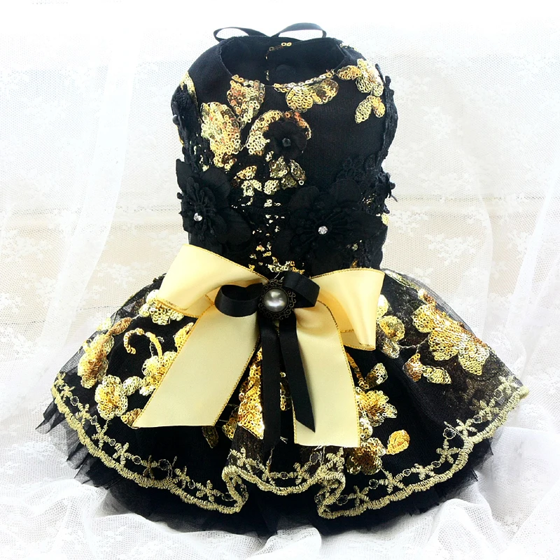 Handmade Dog Clothes Pet Supplies Princess Dress Black Lace Gold Sequin Flowers More Layers Tulle Skirt Evening Tutu One Piece