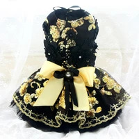free shipping handmade dog clothes princess dress black lace gold sequin flowers more layers tulle skirt evening party pet tutu