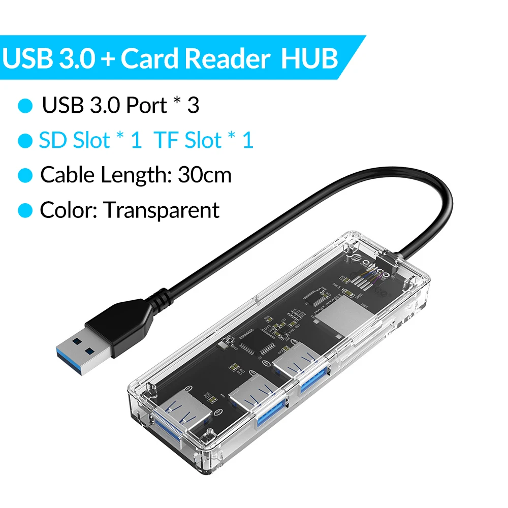 ORICO Mini 4 порта USB 3,0 концентратор прозрачный высокоскоростной SD TF кард-ридер OTG адаптер сплиттер для MacBook ноутбука планшета компьютера - Цвет: USB 3.0 TF SD 30cm