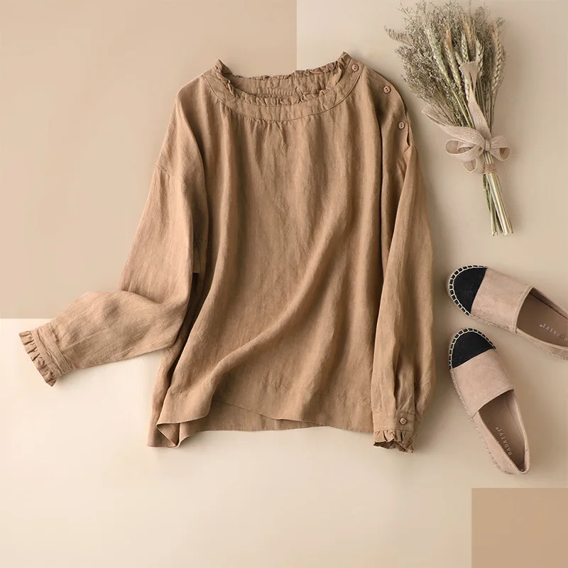 

SHUCHAN Oversized 100% LINEN Young Style O-Neck Long Sleeve Top Women Llax Blouses for Women Womens Tops Woman Tops