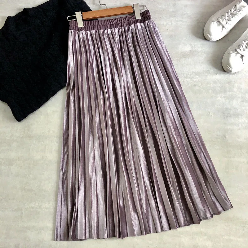 

Women Autumn Winter Gold Velvet Pleated Skirt Solid Elastic Waist Elegant Vintage Office Fashion Ladies Midi Skirt