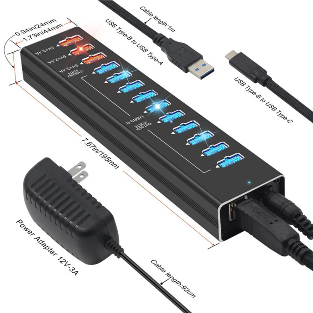 

1PC Portable USB 3.0 Hub Type-c 3.1 Deconcentrator 13 Ports Type-c 3.0 Docking Station Smart Hub with US Plug Black