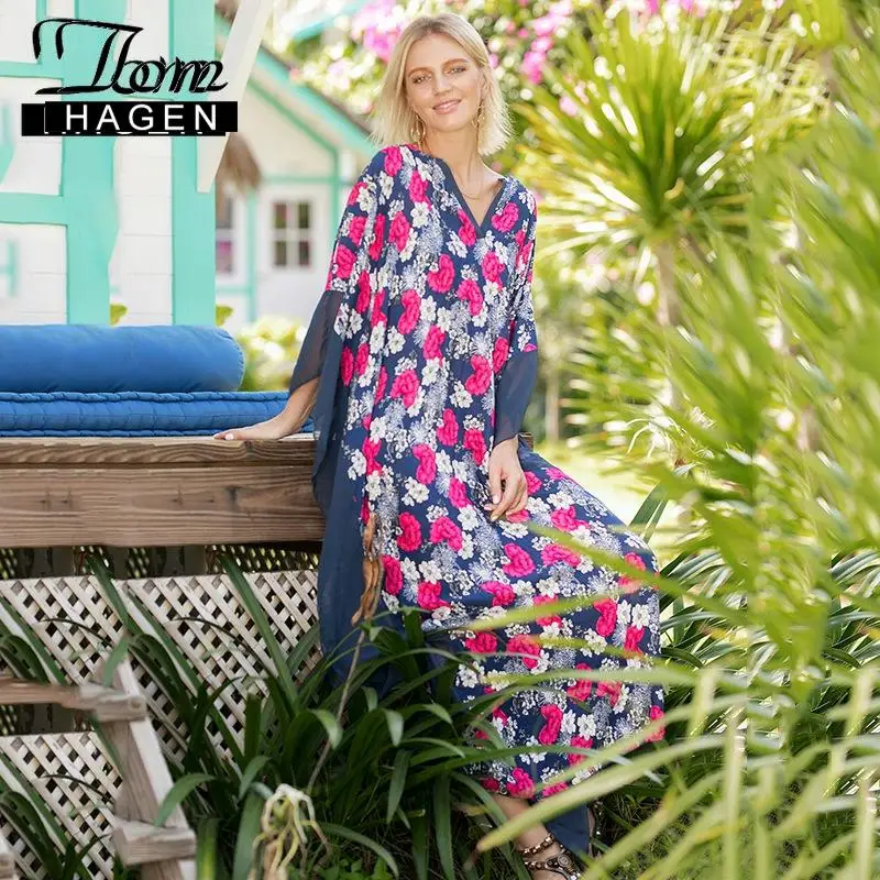 Женское длинное платье макси Tom Hagen синее пляжное с длинным рукавом и v образным