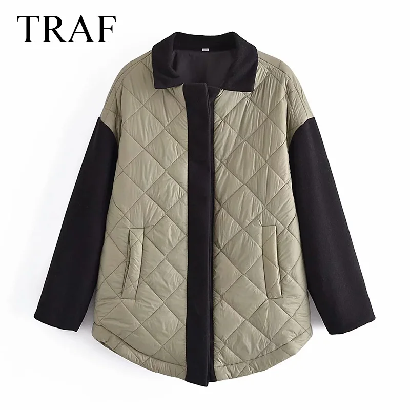 

TRAF ZA Women's Winter Jacket Vintage Single Breasted Jacket Patchwork Woolen Sleeve Green Parkas Streetwear Pocket Quilted Coat