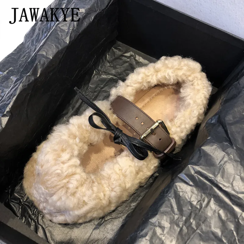 JAWAKYE новая зимняя одежда из шерсти на плоской подошве с мехом; туфли с ремешком на лодыжке, женские Балетки с круглым носком; туфли на плоской подошве, платформа, вьющиеся мех ягненка; лоферы; обувь; zapatos mujer