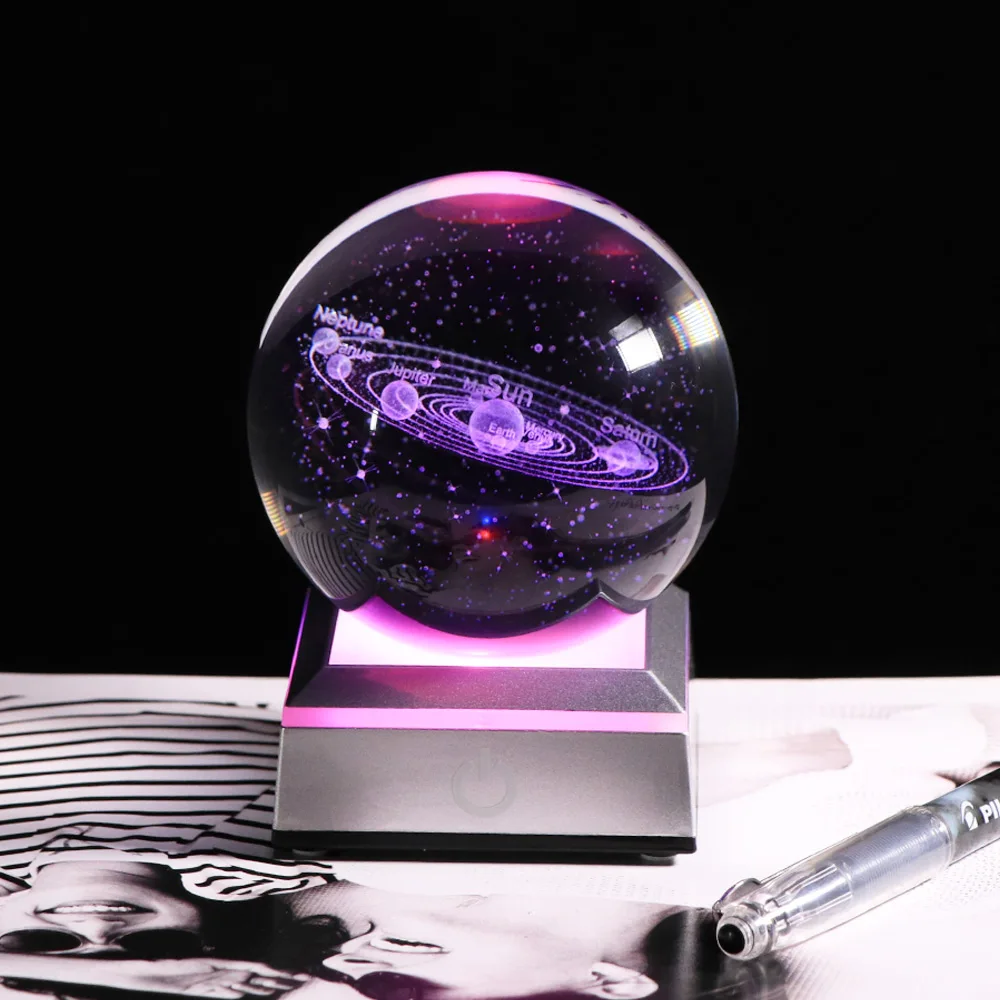 

New Style 3D K9 Crystal Solar System Ball 8 cm Galaxy Pattern Sphere LED LIght Base for Balls for Home Decoration