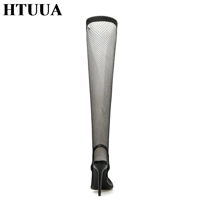 HTUUA/; пикантные сетчатые Сапоги выше колена; женская летняя обувь; женские босоножки из прозрачного ПВХ с острым носком на высоком тонком каблуке; SX2885