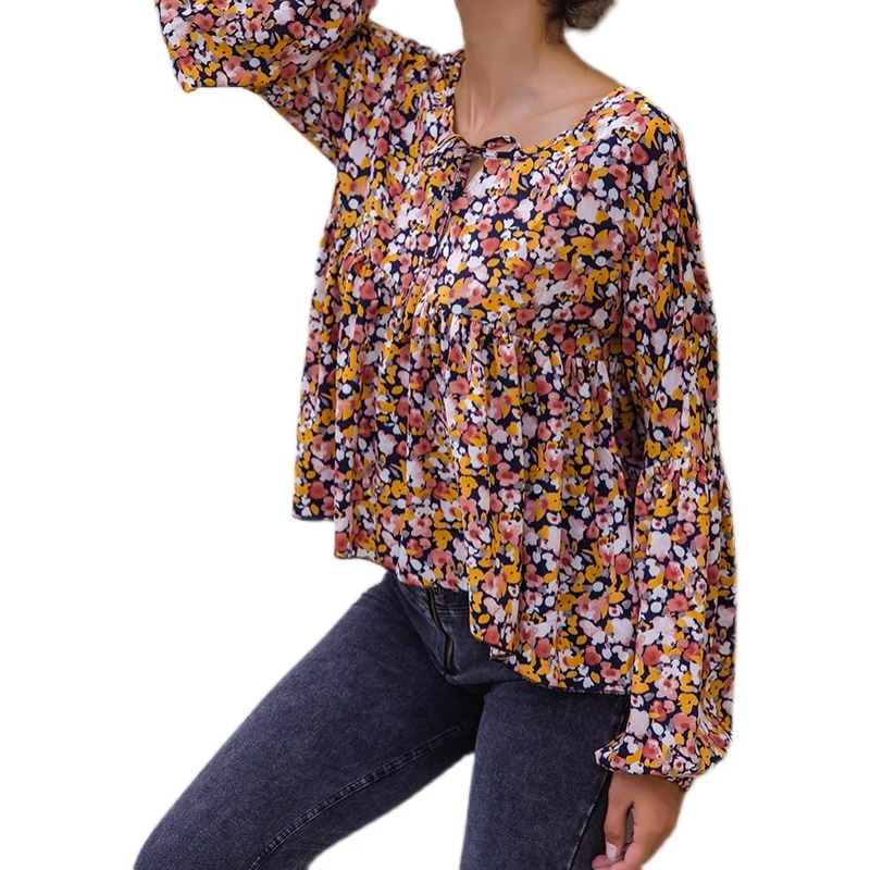 

2021 Spring Autumn Chiffon Women Blouses Casual Vintage Floral Shirts O Neck Puff Sleeve Women Clothing Blusas Mujer 15107