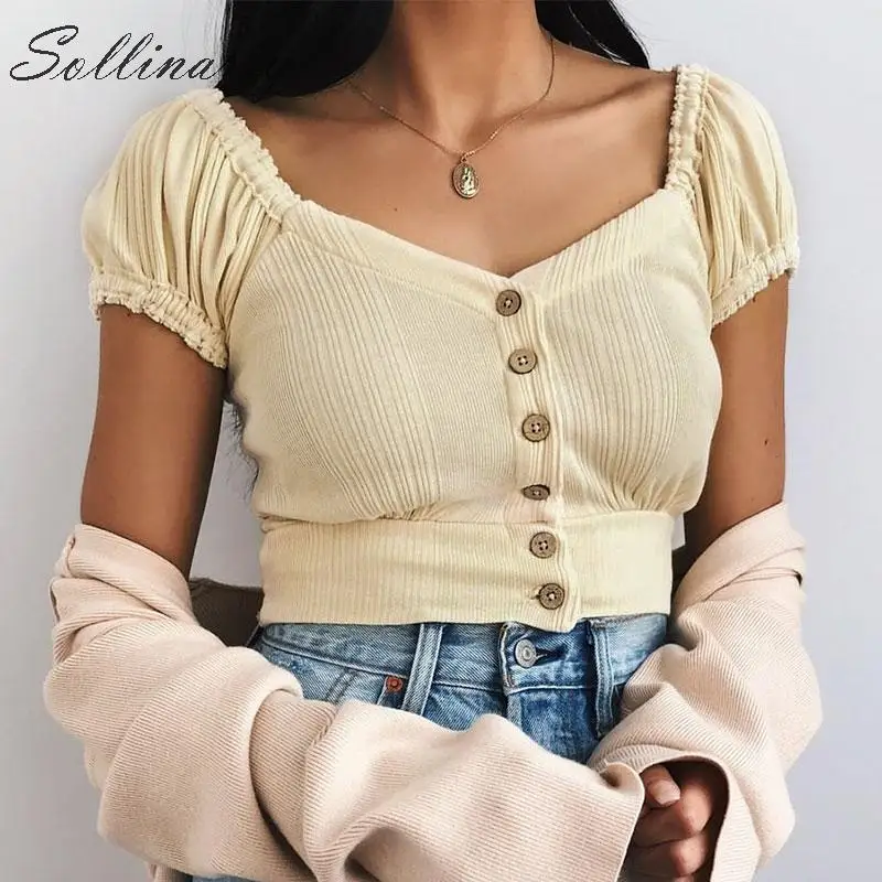 Sollinarry светло-желтые шикарные вязаные свитера Топы женские 2019 с коротким рукавом