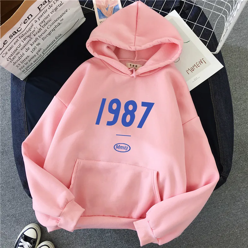 

Sweatshirts Vintage 1987 Print Harajuku Hoodie Women Autumn Korean Style Sweatshirt Loose Long Sleeve Pink Tops Teens Pullovers