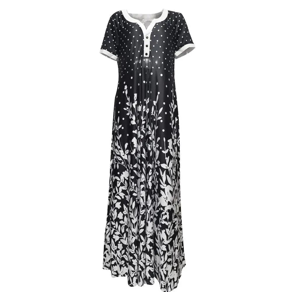 

Fashion Summer Sundress Women Casual V Neck Short Sleeve Large Hem Leaves Print Button Beach Long Dress Lady Dresses Vestidos