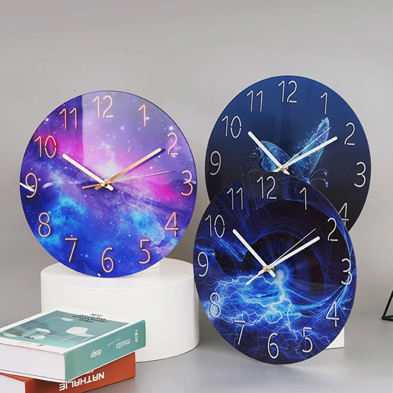 Art Wall Clock Decorative Modern Design Landscape Quartz Clock Colorful Tempered Glass Clock Living Room Bedroom Home Decor