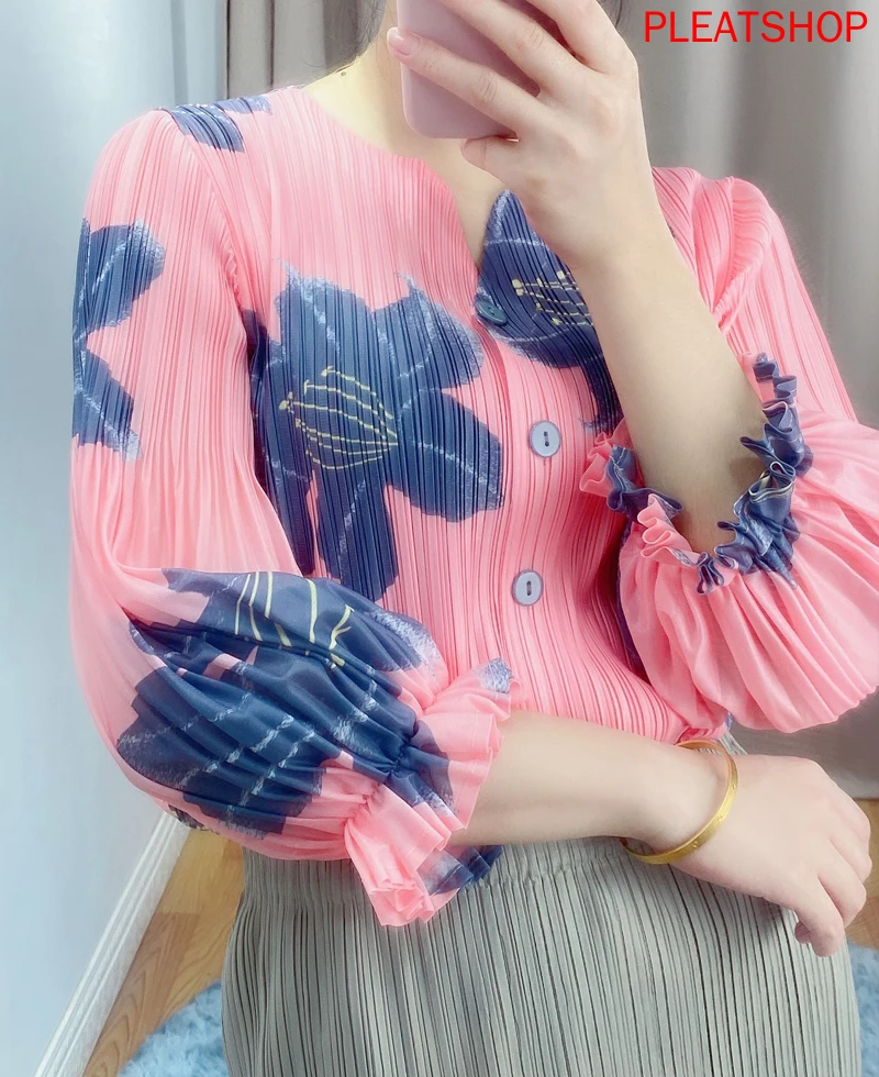 MIYAKE Pleated Summer Thin Printed Shirt Loose and Plus-sized Slim Puff Sleeve Single-Breasted Women Veste Femme Ropa De | Женская
