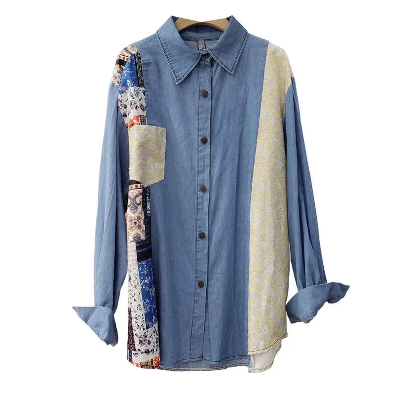 

SuperAen Autumn 2021 New Women's Fashion Patchwork Full Turn Down Collar Loose Slim Denim Shirts Top