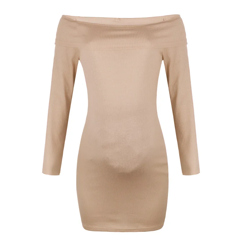 

Pregnant Woman Solid Color Dress Long Sleeve Off-the-shoulder Dress Casual Style Rib Clothes