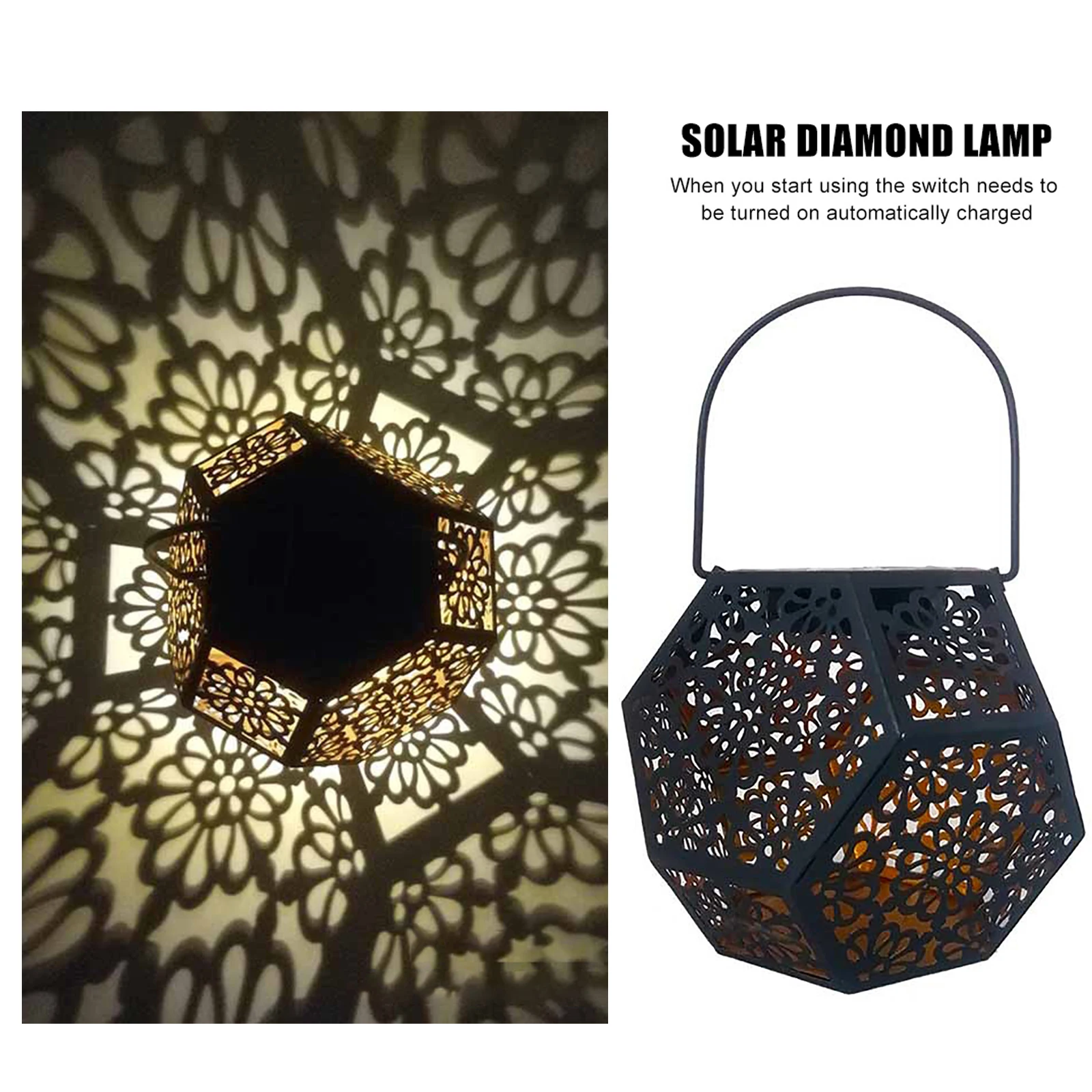 

Solar LED Garden Light Metal Art Hanging Lantern Outdoor Decoration Hollow Flower Projection Lamp Ornament for Yard Patio Ground