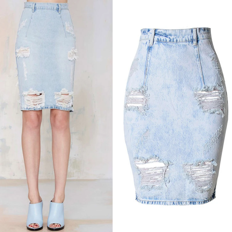 Женская рваная юбка карандаш потертые джинсы с потертыми краями и высокой талией