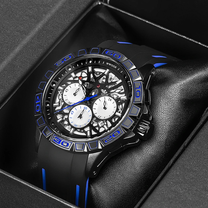 

WWOOR спортивные водонепроницаемые мужские наручные часы, кварцевые роскошные мужские часы Hardlex с зеркалом и календарем, секундомер