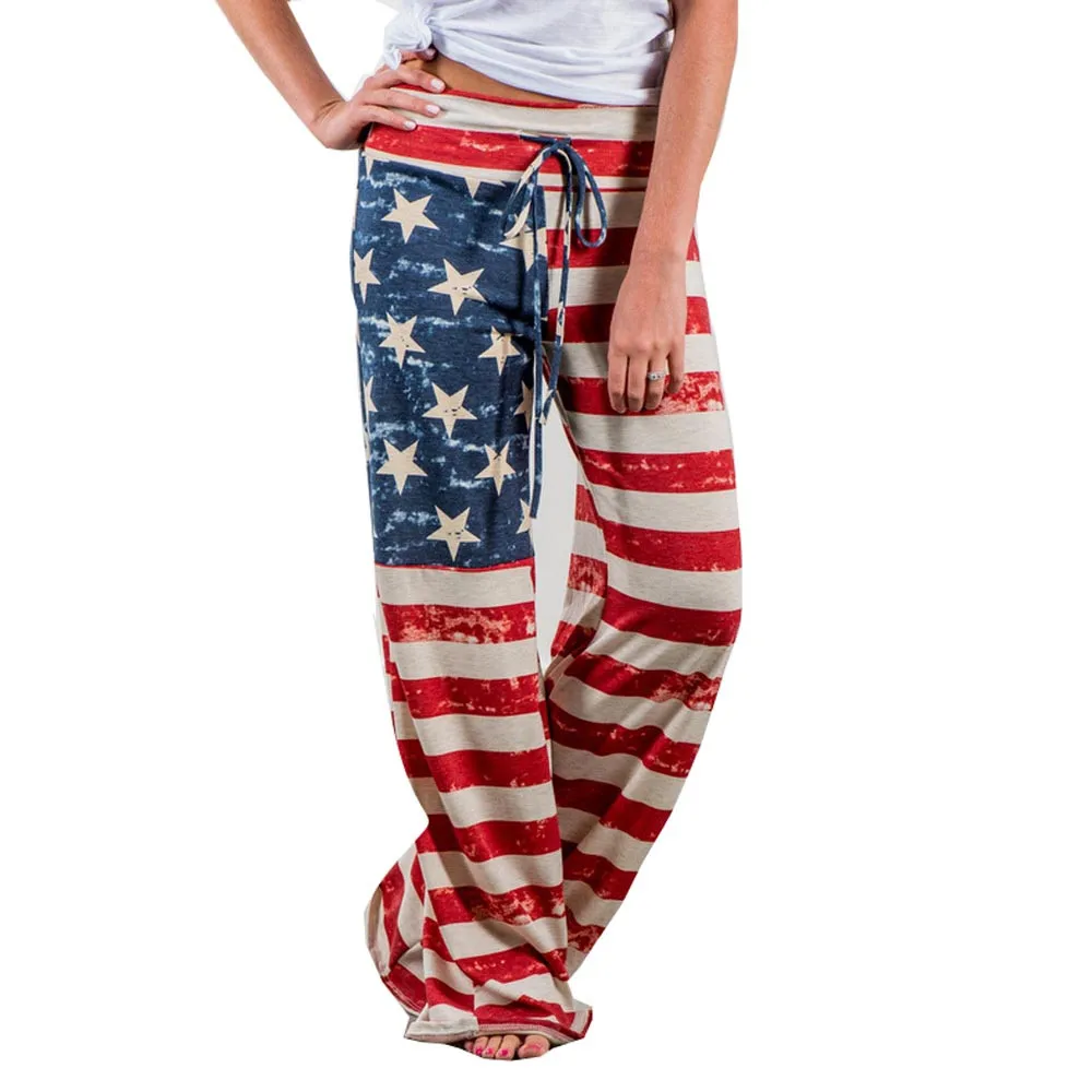 

Women American Flag Drawstring Wide Leg Pants Leggings Independence Day Flag Loose Casual Pants pants women