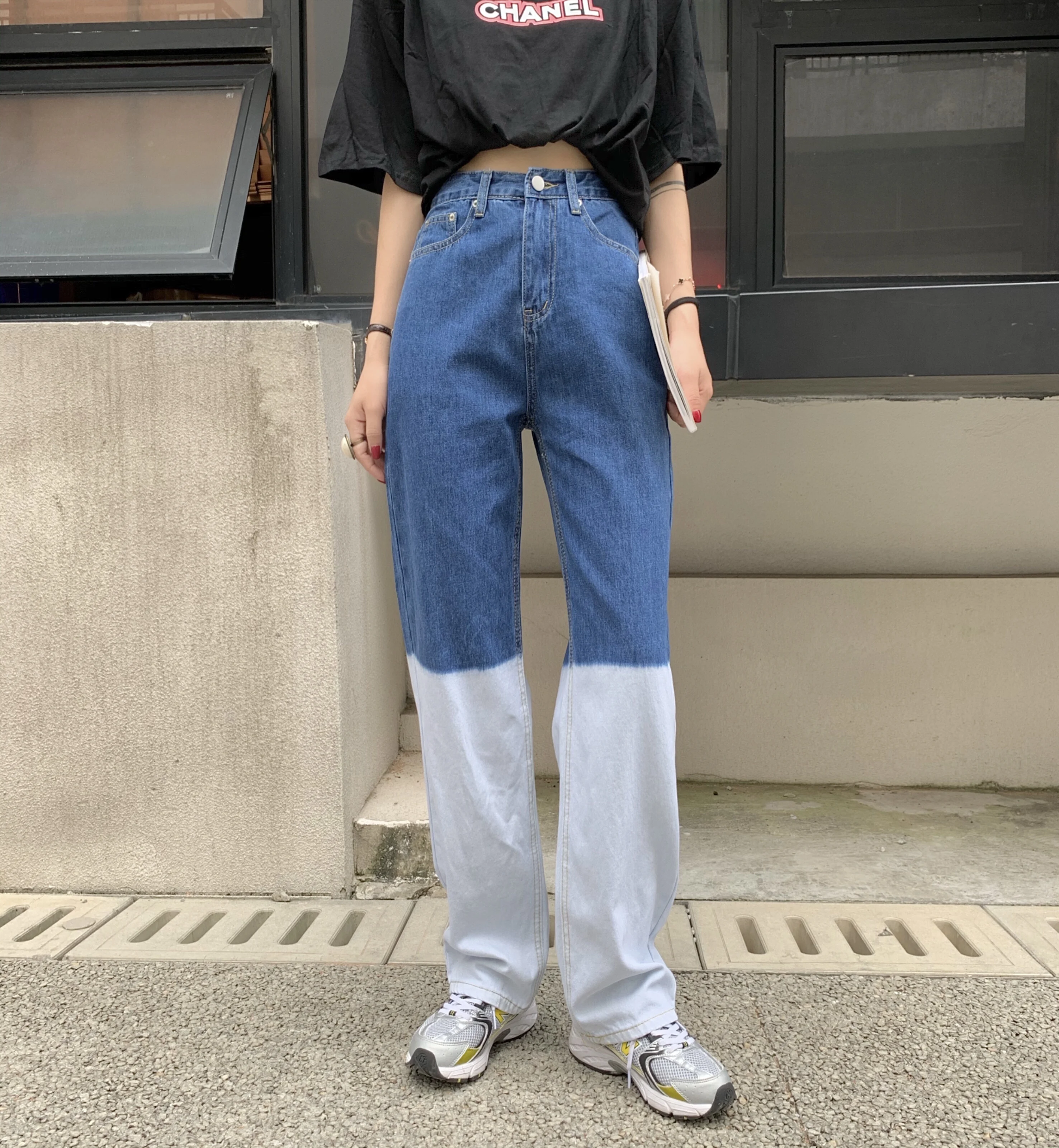 

Autumn Contrasting Color Stitching Loose Straight High Waist Wide Leg Jeans for Women