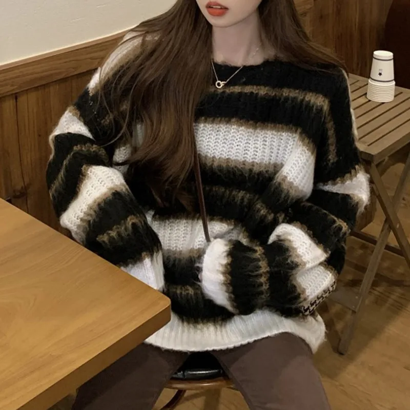 Loose Pullover Lazy Wind Contrast Striped Sweater Missing Lower Body Autumn Winter Casual Women's Rac | Женская одежда