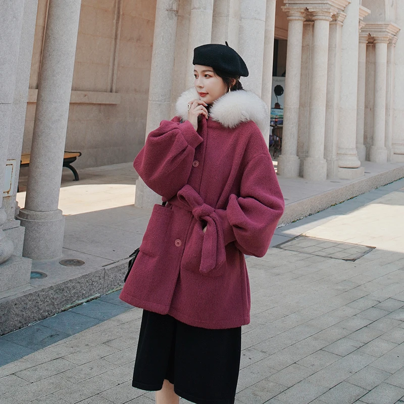 

Rose Red Woolen Coat for Women 2021 Winter Clothes Fashion Korean Style Loose Bandage Hooded Thick Overcoat Female Jacket 6066