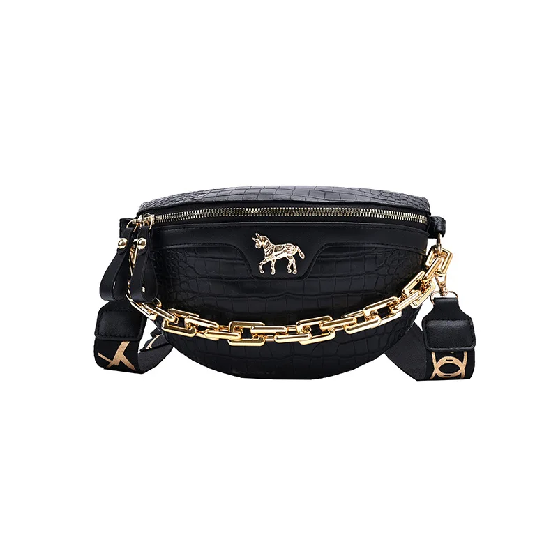 

New fashion crocodile pattern shoulder bag chain small bag waist bag chest bag wide slung saddle bag